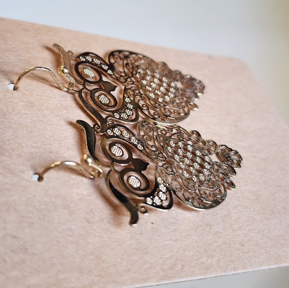 Gold Filigree Owl Earrings, sz. OS - Picture 3 of 12